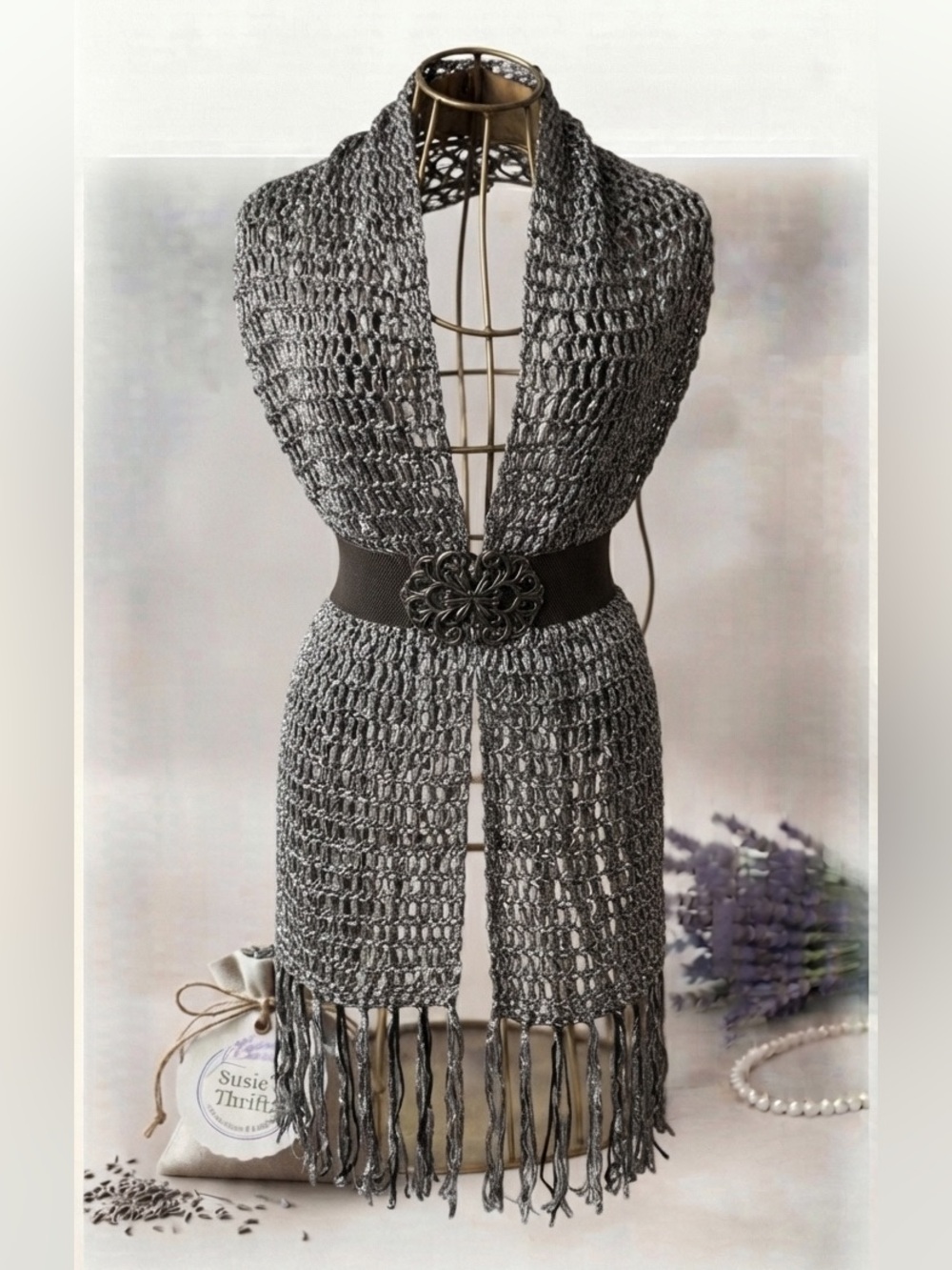 Metallic Silver Crochet Fringe Longline Scarf & Black Cinch Belt Set